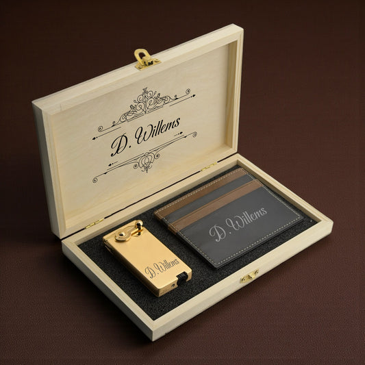 Personalized Leather Card Holder & Lighter Gift Set