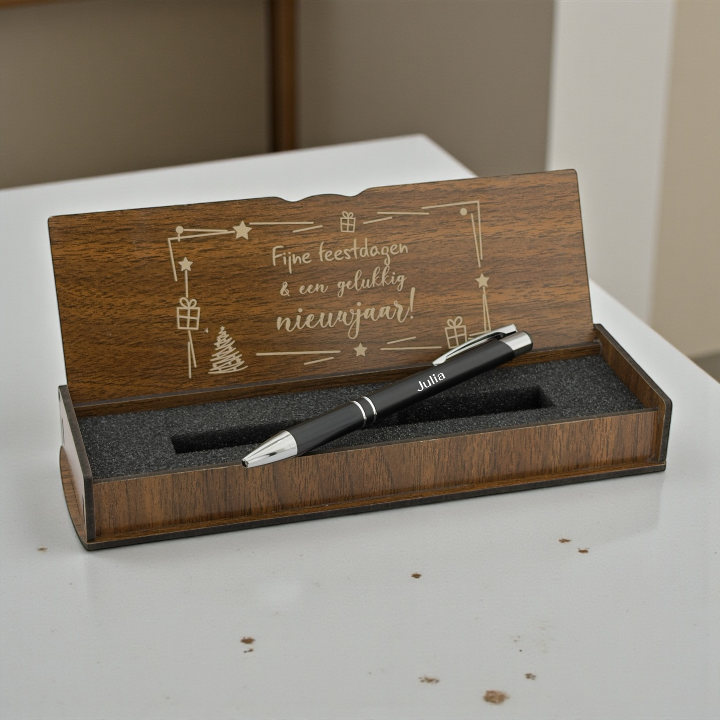 Personalized Black Ballpoint Pen with Name – Wooden Christmas Gift Box