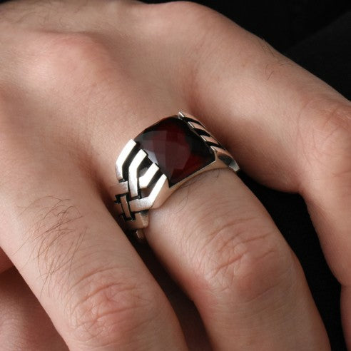 Red Stone Signet Ring for Men in Silver