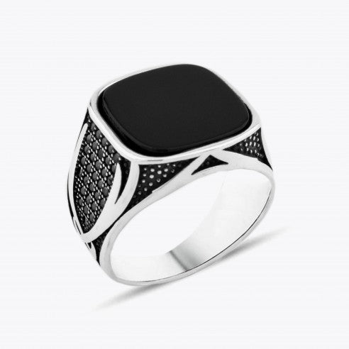 Sword - Silver Men's Ring With Onyx