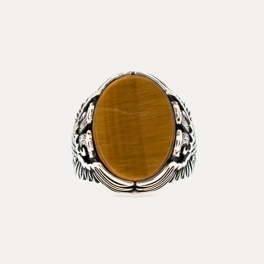 Tiger Eye Stone Double Headed Eagle Sterling Silver Ring BLK004