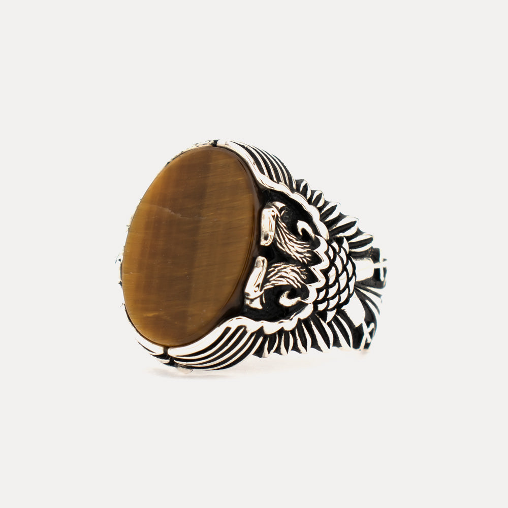 Tiger Eye Stone Double Headed Eagle Sterling Silver Ring BLK004