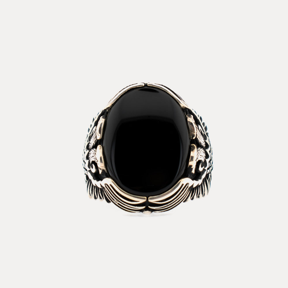 Double Headed Onyx Stone Silver Ring BLK009
