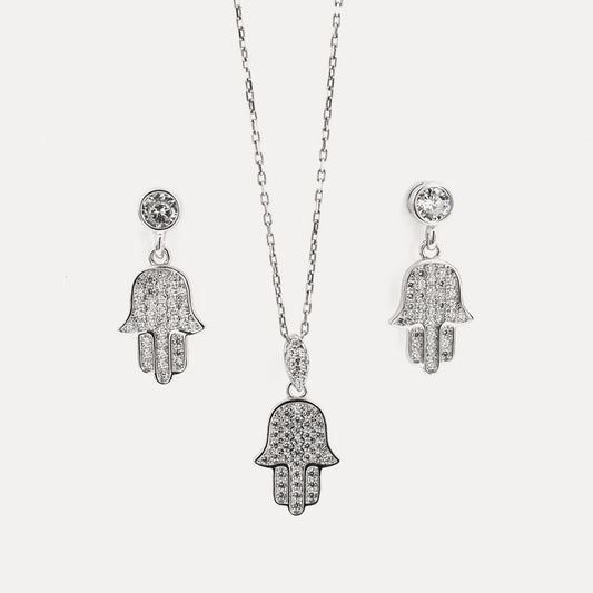 925 sterling silver set Hamsa Hand necklace and ear studs BLNE003