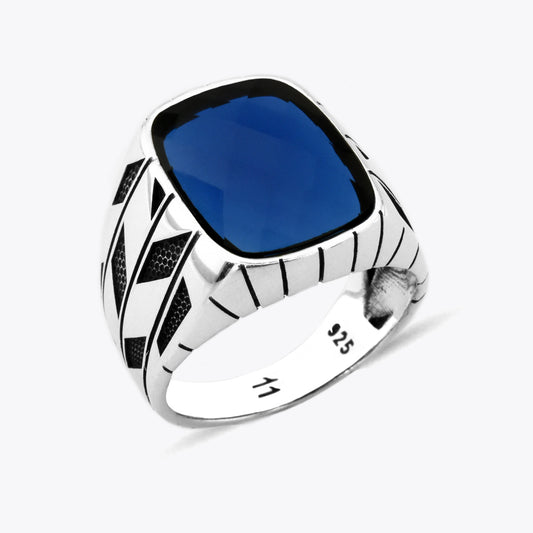 Silver Men's Signet Ring With Blue Stone