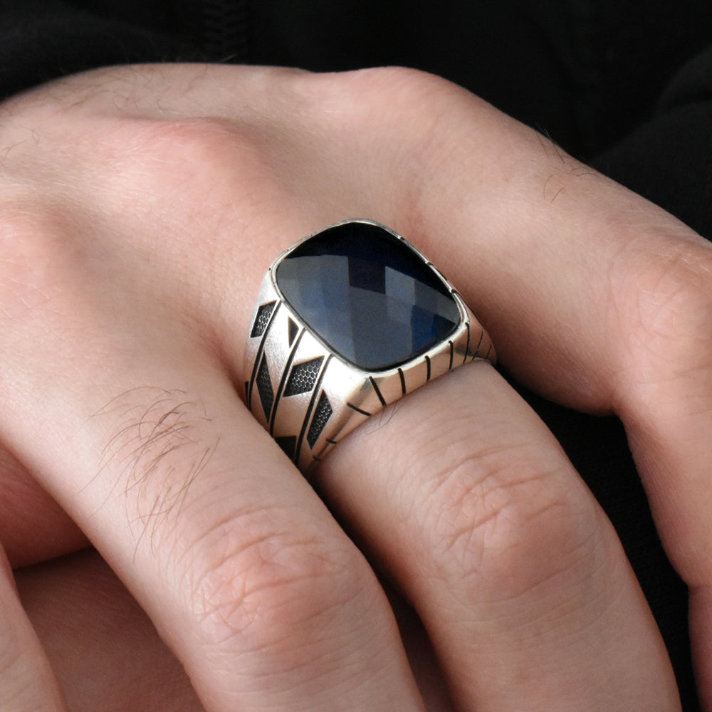 Silver Men's Signet Ring With Blue Stone