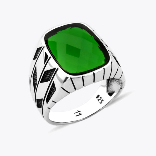 Silver Men's Signet Ring With Green Stone