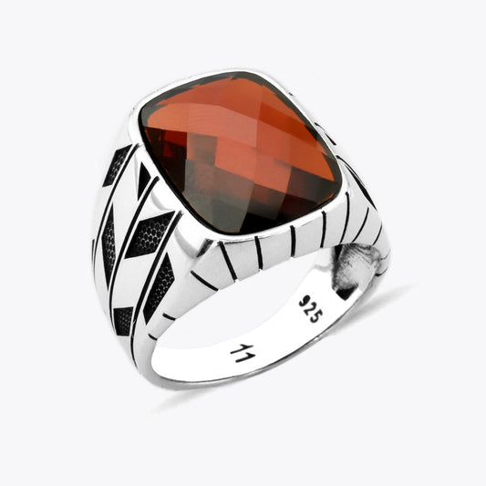 Silver Men's Signet Ring With Red Stone