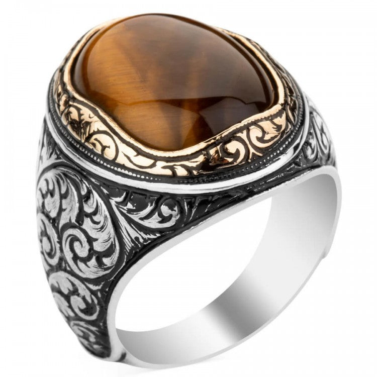 925s Silver Mens Ring With Tiger Eye Stone LMR374_TG