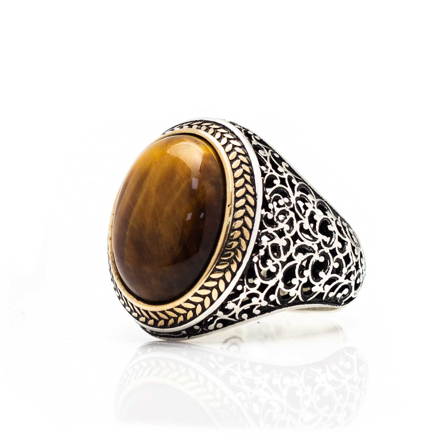 925 Silver Mens Ring With Tiger Eye Oval Stone LMR214