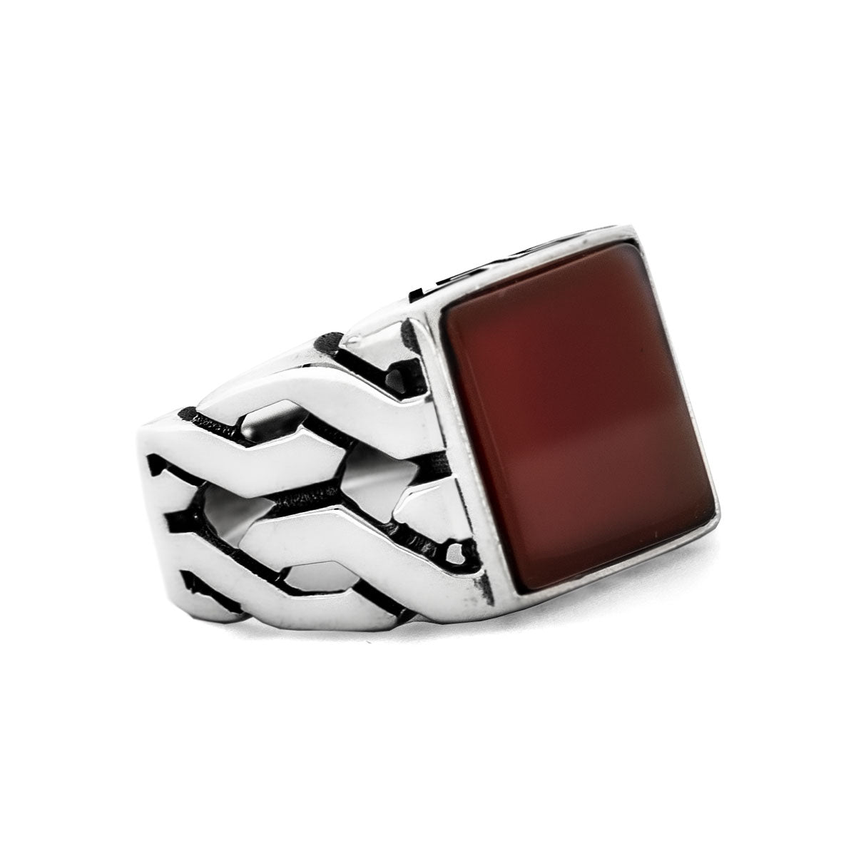925 Silver Mens Ring With Red Agate Stone LMR505