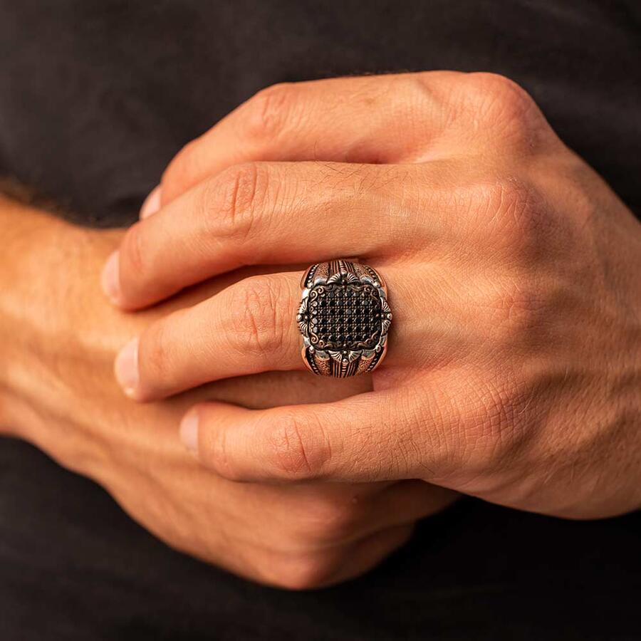 925 Silver Men's Ring With Black Stones MRK066