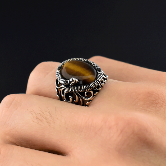 Snake ring - 925 sterling silver with tiger eye