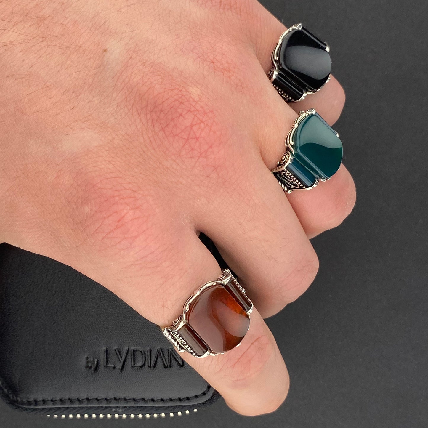 925 Silver Men's Ring With Green Agate Stone ORTBL175