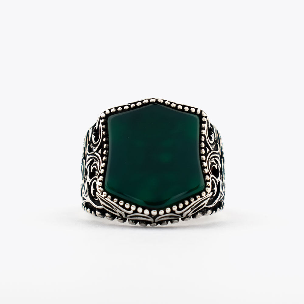 925 Silver Mens Ring With Green Agate Stone ORTBL173