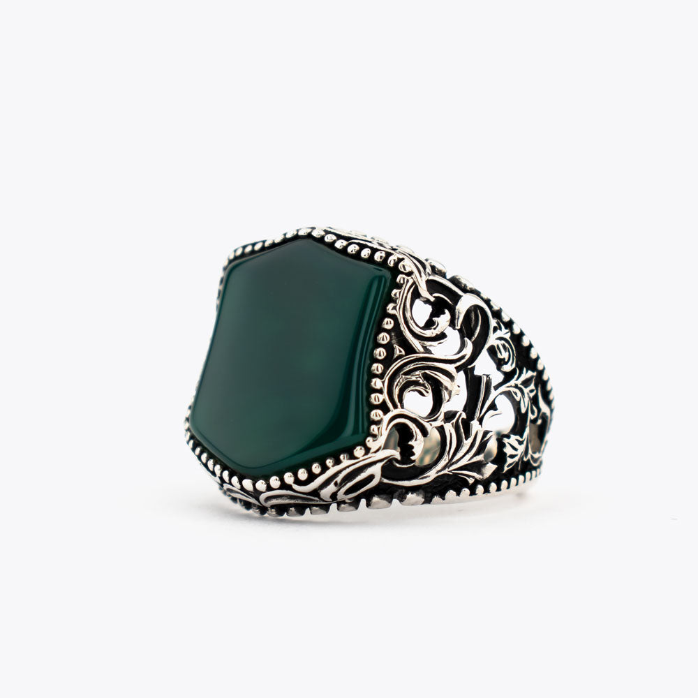 925 Silver Mens Ring With Green Agate Stone ORTBL173