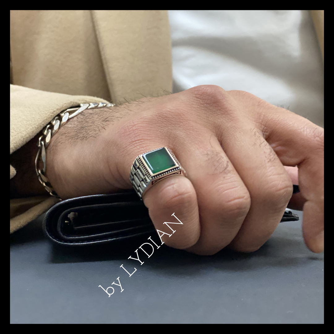 925 Silver Men's Ring with Green Agate Stone LMR341
